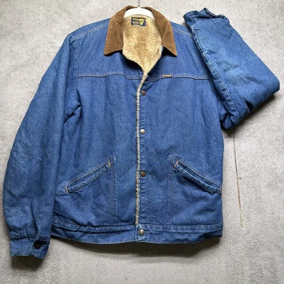 Wrangler Denim Sherpa Lined Western Trucker Jacket Corduroy Collar‎ Men's Medium - Picture 2 of 10